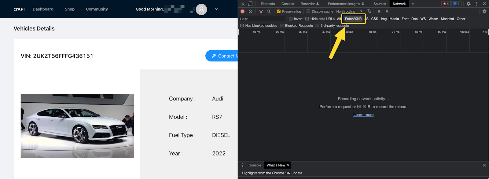 Screenshot of chrome inspection network filter